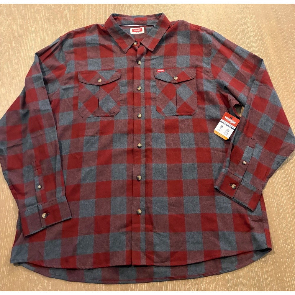 Wrangler Mens Long Sleeve Plaid‎ Flannel Shirt Red Gray 2XL